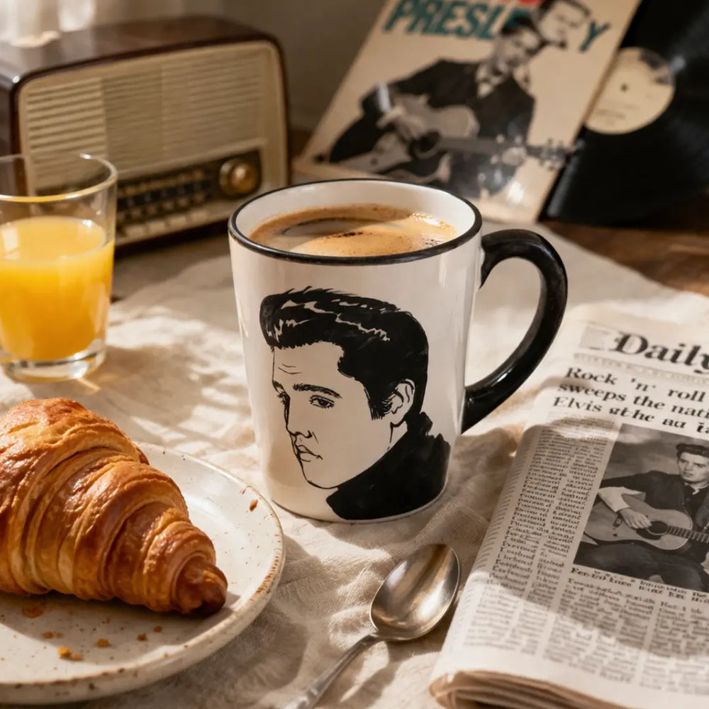 Kézzel festett Elvis Presley bögre kávéval, croissant-tal reggeli hangulatban