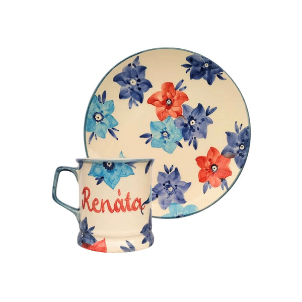 Feliratos neves Kék virágos bögre és reggeliző tányér