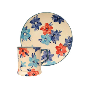 Feliratos neves Kék virágos bögre és reggeliző tányér