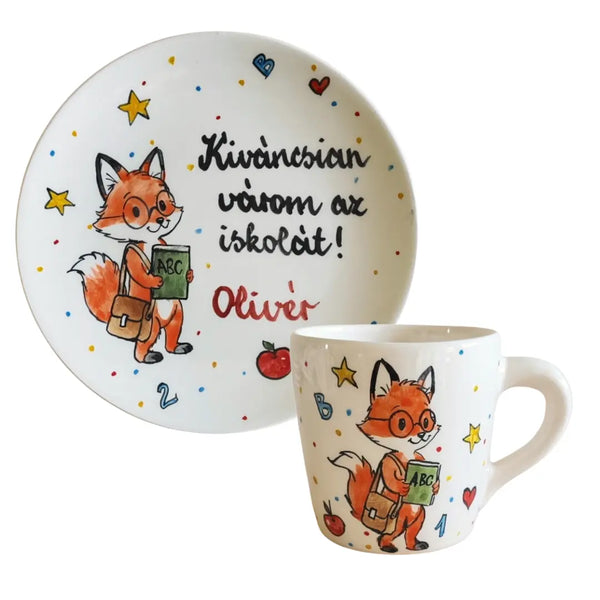 Kézzel festett rókás iskolakezdő bögre és névre szóló tányér