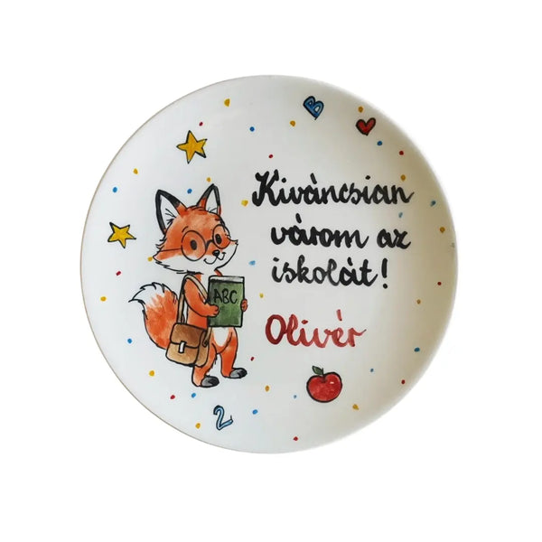 Rókás iskolakezdő tányér névvel és egyedi felirattal