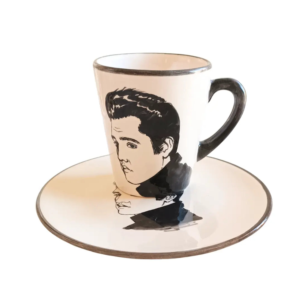 Kézzel festett Elvis Presley bögre és tányér szett fehér kerámiából