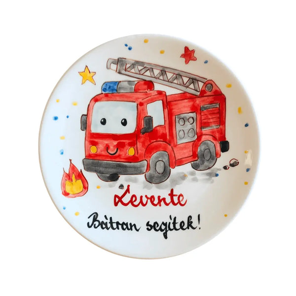 Tűzoltóautós gyerek tányér – kézzel festett kerámia