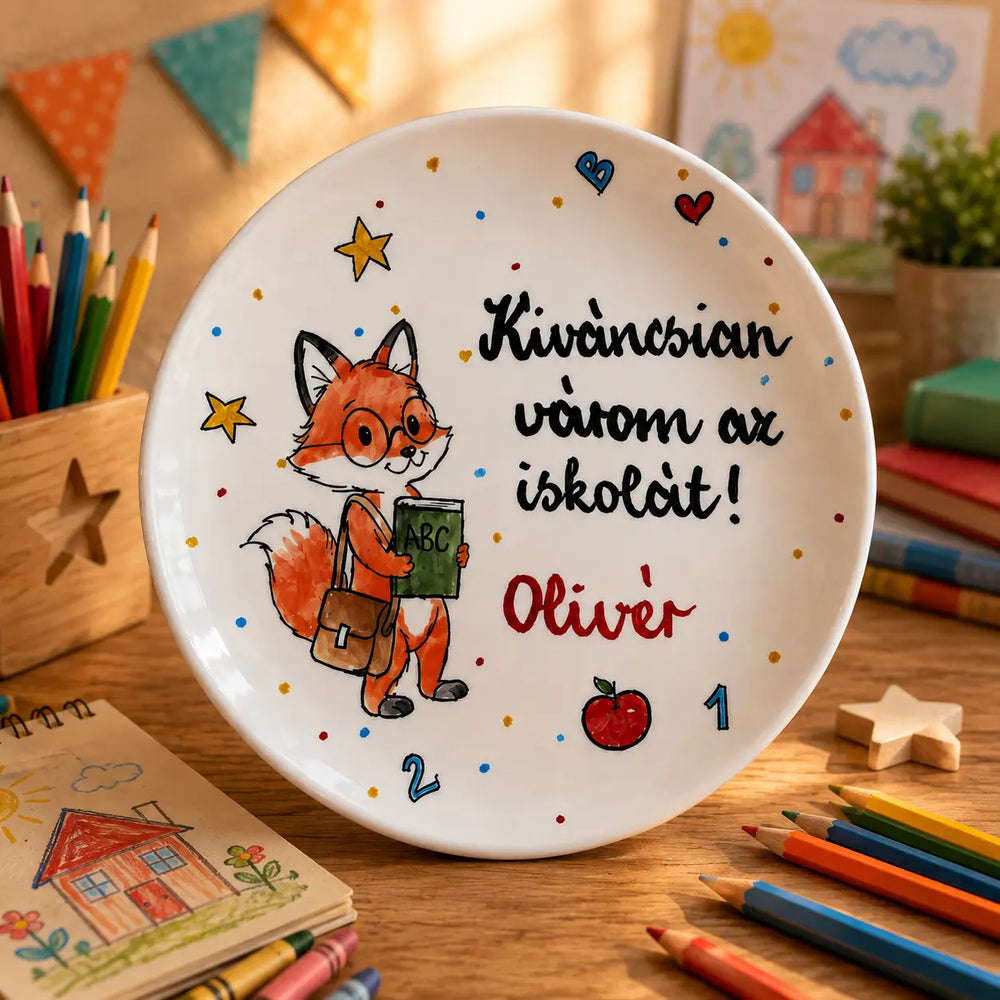Rókás iskolakezdő tányér – egyedi felirattal