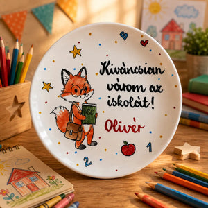 Rókás iskolakezdő tányér – egyedi felirattal