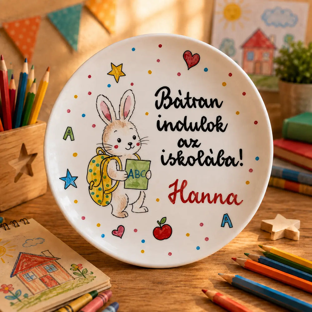 Nyuszis iskolakezdő tányér – egyedi felirattal